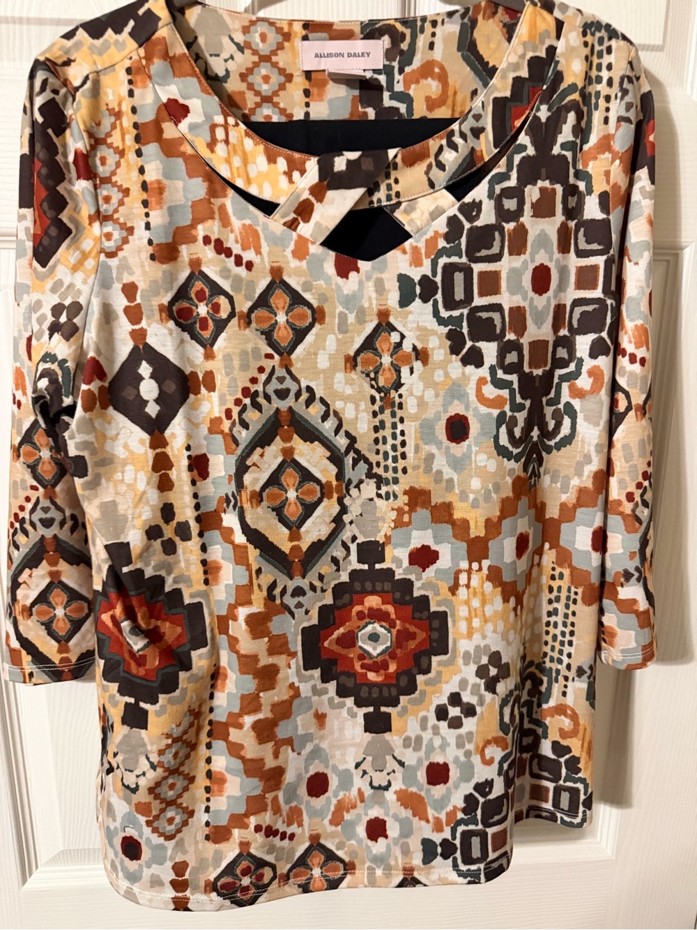 Allison Daley Long-Sleeve Cutout Neck Top in Multi Earth Tones
